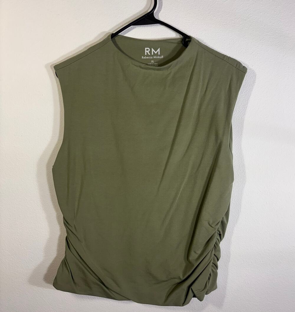 Rebecca Minkoff RM Olive Green Sleeveless Ruched Top XL Stretch Knit